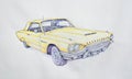 Pencil Drawing of Classic Ford Thunderbird Yellow American Car on white background.