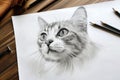 Pencil drawing cute cat on paper sheet, photorealistic portrait of pet, illustration. Painted animal on white background. Concept Royalty Free Stock Photo