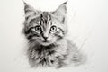 Pencil drawing cute kitten on paper sheet, photorealistic portrait of cat, illustration. Painted animal face on white background.