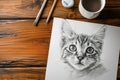 Pencil drawing cute kitten on paper sheet, photorealistic portrait of cat, illustration. Painted pet face on white background. Royalty Free Stock Photo