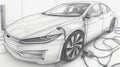 Pencil drawing of electric sports car is charging on a white background. E-Mobility and ecology.