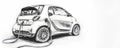 Pencil drawing of electric sports car is charging on a white background. E-Mobility and ecology.