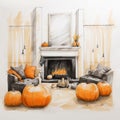 Dreamy Fireplace Illustration With Halloween Decor Royalty Free Stock Photo