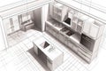 Pencil drawing of the interior of a kitchen. Modern kitchen floor plans with furniture floor plans Royalty Free Stock Photo