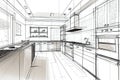 Pencil drawing of the interior of a kitchen. Modern kitchen floor plans with furniture floor plans. Royalty Free Stock Photo