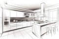 Pencil drawing of the interior of a kitchen. Modern kitchen floor plans with furniture floor plans. Royalty Free Stock Photo