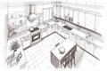 Pencil drawing of the interior of a kitchen. Modern kitchen floor plans with furniture floor plans. Royalty Free Stock Photo