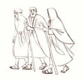 Pencil drawing. Jesus talks to the disciples as he walks the road