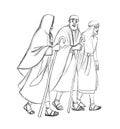 Pencil drawing. Jesus talks to the disciples as he walks the road