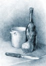 Pencil drawing. Kitchen still life. Bottle, saucepan and onion