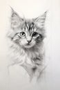 Pencil drawing kitten on paper, photorealistic portrait of cute pet, vertical illustration. Painted cat face on white background.
