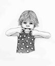 Little Girl Pulling Faces, Childhood, Pencil Drawing Illustration Royalty Free Stock Photo