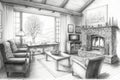 pencil drawing of the living room, with a view of a cozy fireplace and comfortable armchairs