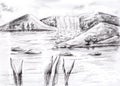 Pencil Drawing of Nature. Mountains. waterfall. River