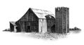 Pencil Drawing of Old Barn and Silo