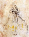 Pencil drawing on old paper. Woman warior. Sepia color. Royalty Free Stock Photo