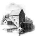 Pencil Drawing of Old Stone Mill Royalty Free Stock Photo