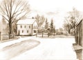 Pencil drawing on paper of the Half Way House. Black Creek Pioneer Village. Heritage museum in Toronto, Ontario, Canada.