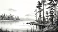 Black And White Digital Painting: Rustic Scene Of Pine Trees By The Lake Royalty Free Stock Photo