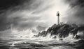 pencil drawing of rocky seashore and lighthouse, ai generative Royalty Free Stock Photo