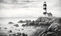 pencil drawing of rocky seashore and lighthouse, ai generative Royalty Free Stock Photo