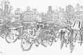 Pencil drawing from snowy bikes in Amsterdam Netherlands Royalty Free Stock Photo