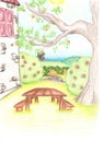 Pencil drawing of tree and house with the small garden Royalty Free Stock Photo