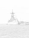 Pencil drawing of the USS Missouri Battleship in moored at Pearl Harbor Hawaii Royalty Free Stock Photo