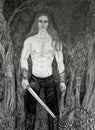 Pencil drawing, a warrior with a sword in the forest