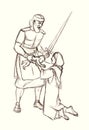 Pencil drawing. A warrior with a sword kills a baby