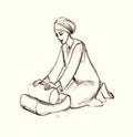 Pencil drawing. Woman working with a millstone Royalty Free Stock Photo