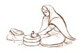 Pencil drawing. Woman working with a millstone Royalty Free Stock Photo