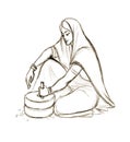 Pencil drawing. Woman working with a millstone Royalty Free Stock Photo