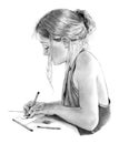 Pencil Drawing of Young Girl Writing or Drawing.