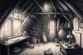 pencil-drawn attic filled with curiosities and hidden treasures