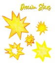 Pencil drawn yellow stars clipart, starry elements, hand drawn stars objects, isolated, stickers, bright stars