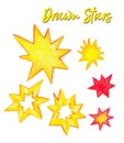 Pencil drawn yellow stars clipart, starry elements, hand drawn stars objects, isolated, stickers, red stars