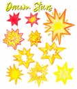 Pencil drawn yellow stars clipart, starry elements, hand drawn stars objects, isolated, stickers, red stars