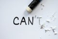 Pencil eraser erasing cannot into can. Motivational and inspirational concept