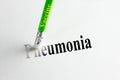 Pencil-eraser with the inscription vaccine trying to remove the word `Pneumonia` on paper. The concept of dealing with viruses ,