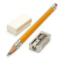 Pencil with eraser and sharpener isolated on white background Royalty Free Stock Photo