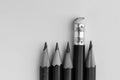 Pencil eraser standing out from row of pencils. Royalty Free Stock Photo