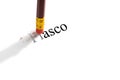 Pencil eraser trying to remove the word `fiasco` on paper. Concept.