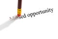 Pencil eraser trying to remove the word `missed opportunity` on paper. Concept. Royalty Free Stock Photo