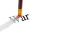 Pencil eraser trying to remove the word `war` on paper. Concept. Royalty Free Stock Photo