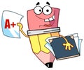 Pencil guy holding an a plus report card