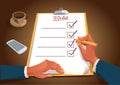 Pencil in hand of businessman in large checklist with check mark, business organization and vector concept Check the list with a