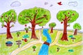 Pencil hand drawing. Orchard with apple trees Royalty Free Stock Photo