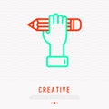 Pencil in hand, symbol of crativity thin line icon. Modern vector illustration. Royalty Free Stock Photo