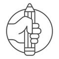 Pencil in hand thin line icon, art concept, large pencil in hand sign on white background, hand holds pencil icon in Royalty Free Stock Photo